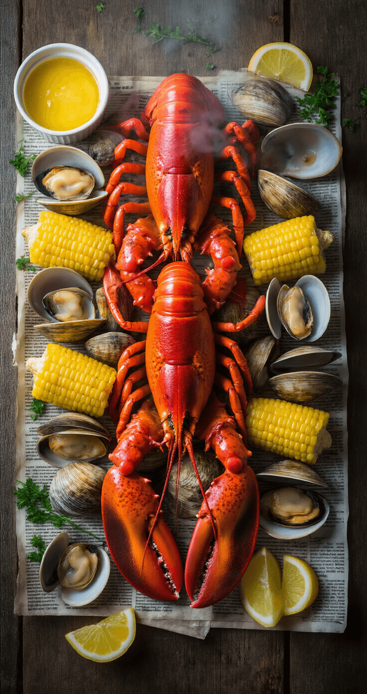 New England Clambake: The Ultimate Seafood Feast An overhead shot of a seafood feast featuring bright-red lobsters, opened clams, and golden corn on a rustic wooden table, with steam rising, fresh herbs, ramekins of melted butter, newspaper underlayment, and lemon wedges, evoking a New England clambake.