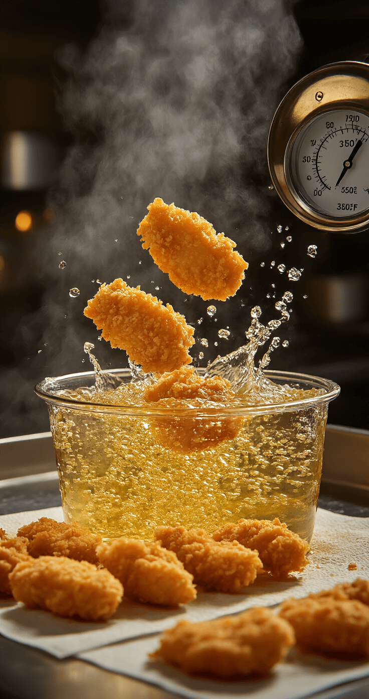 FRIED ALLIGATOR BITES: A SOUTHERN CULINARY ADVENTURE Dynamic shot of breaded alligator bites being lowered into bubbling oil, creating a splash; steam rises in warm light, with a thermometer reading 350°F and fried pieces on paper towels nearby.