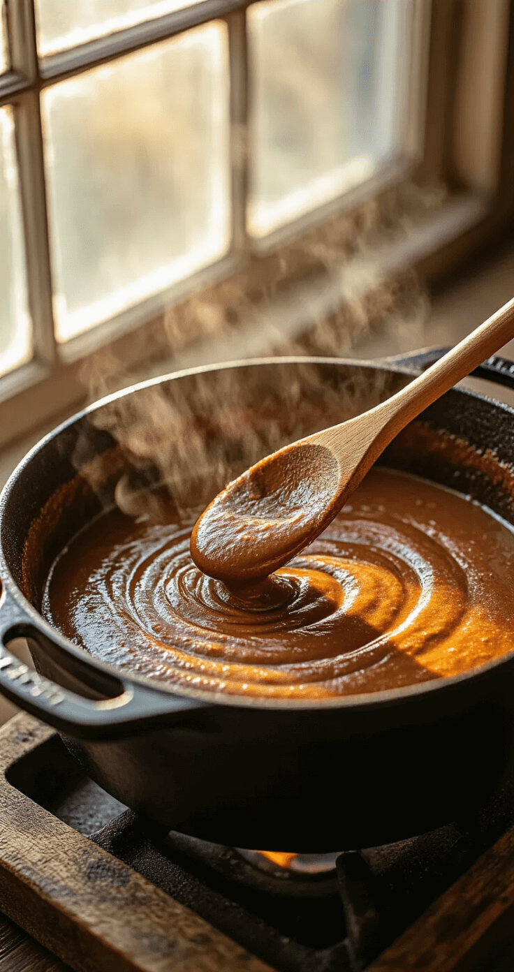 Comprehensive Gumbo Recipe: A One-Pot Louisiana Classic Close-up of a rich, chocolate-brown roux being stirred in a cast iron Dutch oven, illuminated by golden afternoon light with steam rising and a wooden spoon creating artistic trails in the mixture.