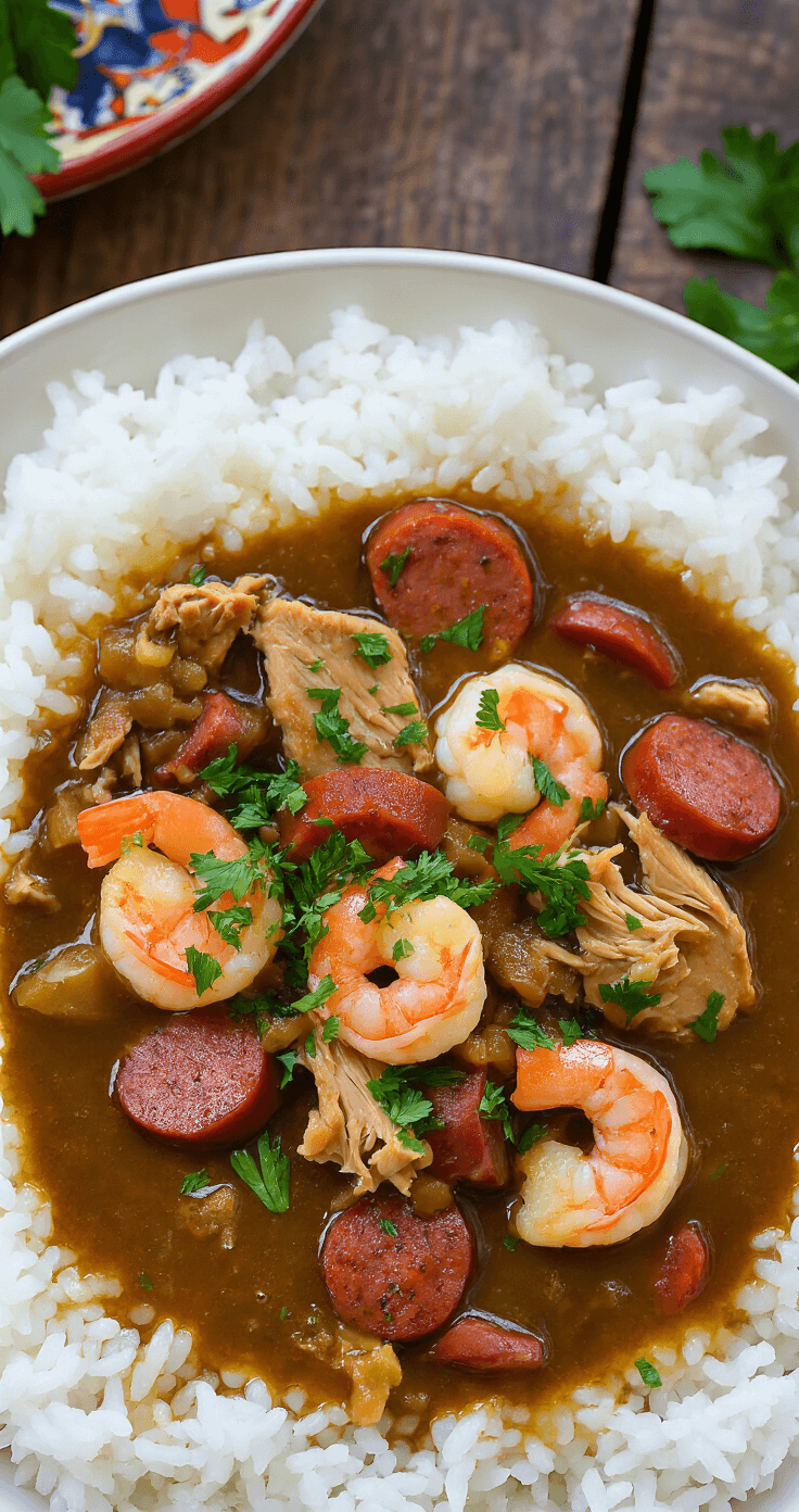 Comprehensive Gumbo Recipe: A One-Pot Louisiana Classic Overhead view of a steaming bowl of dark gumbo with andouille sausage, chicken, and shrimp, served over white rice and garnished with fresh parsley, on a rustic wooden table with Louisiana decor in the background.