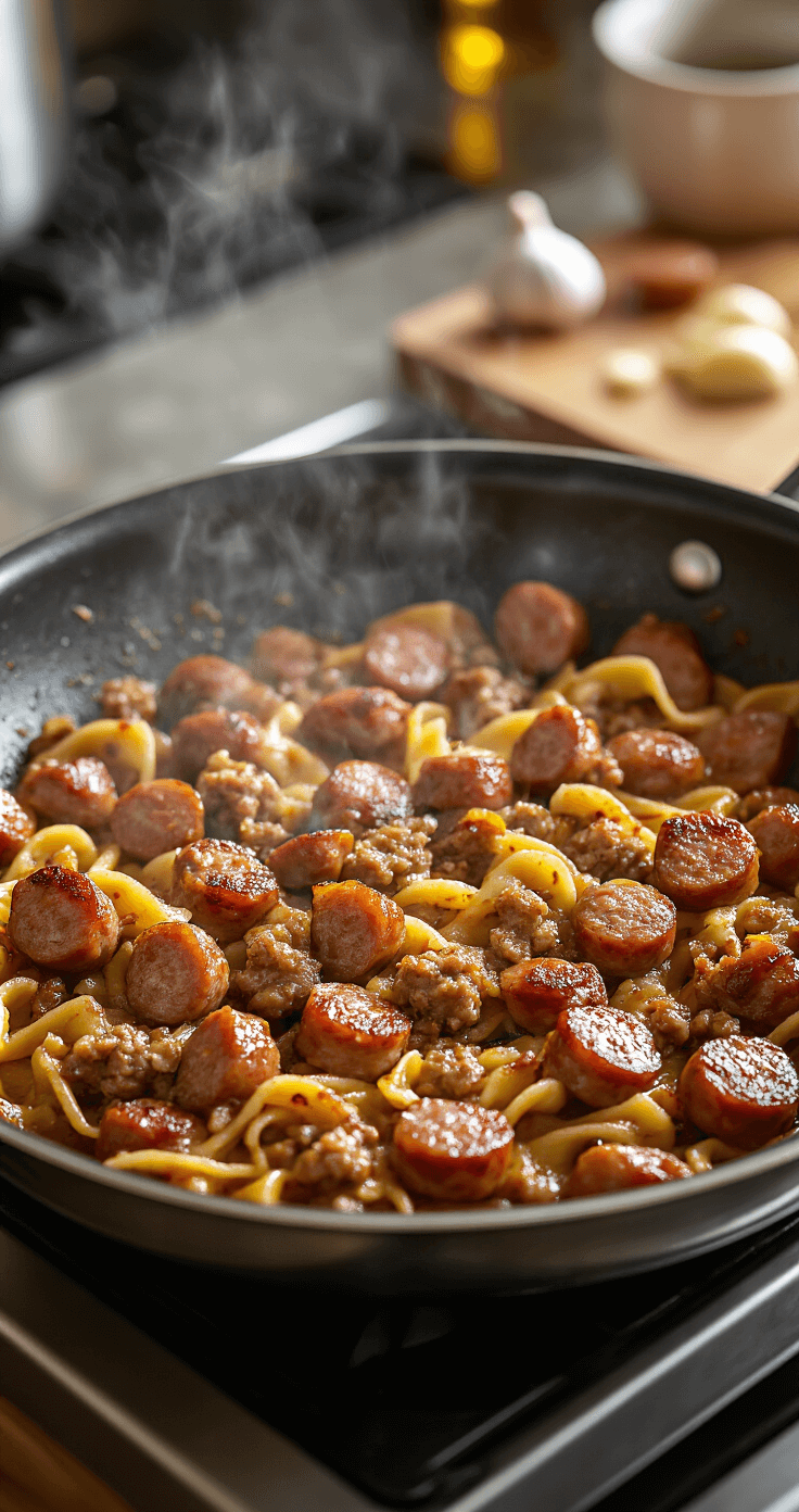 EASY SAUSAGE AND SPINACH PASTA Close-up of Italian sausage browning in a stainless steel skillet, breaking into bite-sized pieces, with garlic in the background and steam rising in warm kitchen lighting.