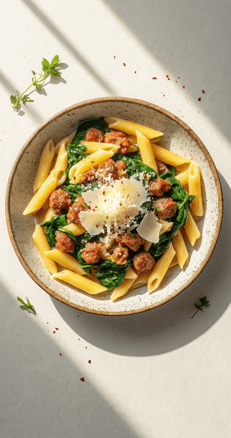 EASY SAUSAGE AND SPINACH PASTA Overhead view of a rustic ceramic bowl filled with penne pasta, spinach, and caramelized sausage, topped with melting Parmesan cheese, red pepper flakes, fresh herbs, and a drizzle of olive oil, illuminated by natural window light.