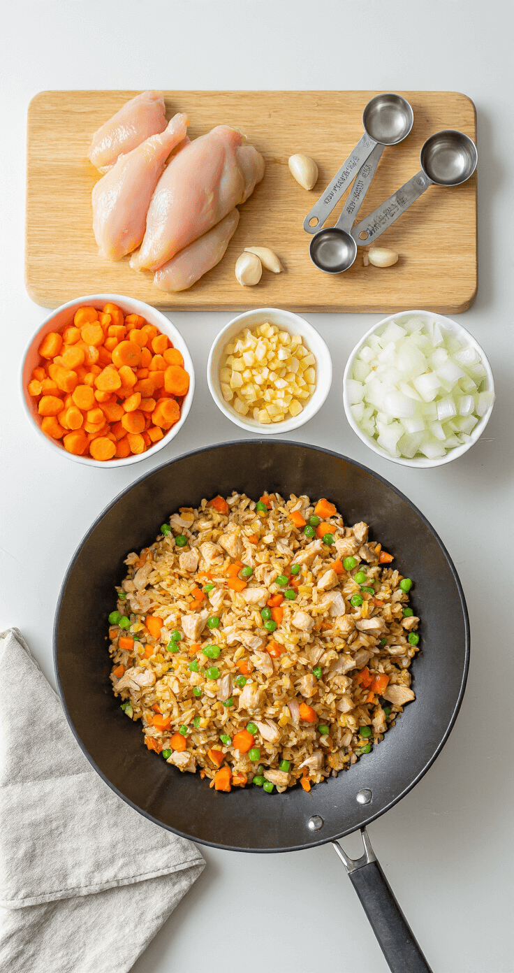 Chicken Fried Rice: The Ultimate 20-Minute Weeknight Dinner Overhead view of a well-organized kitchen workspace featuring diced raw chicken on a wooden cutting board, colorful bowls of diced carrots, onions, and minced garlic, with a large wok and measuring spoons, illuminated by natural light.