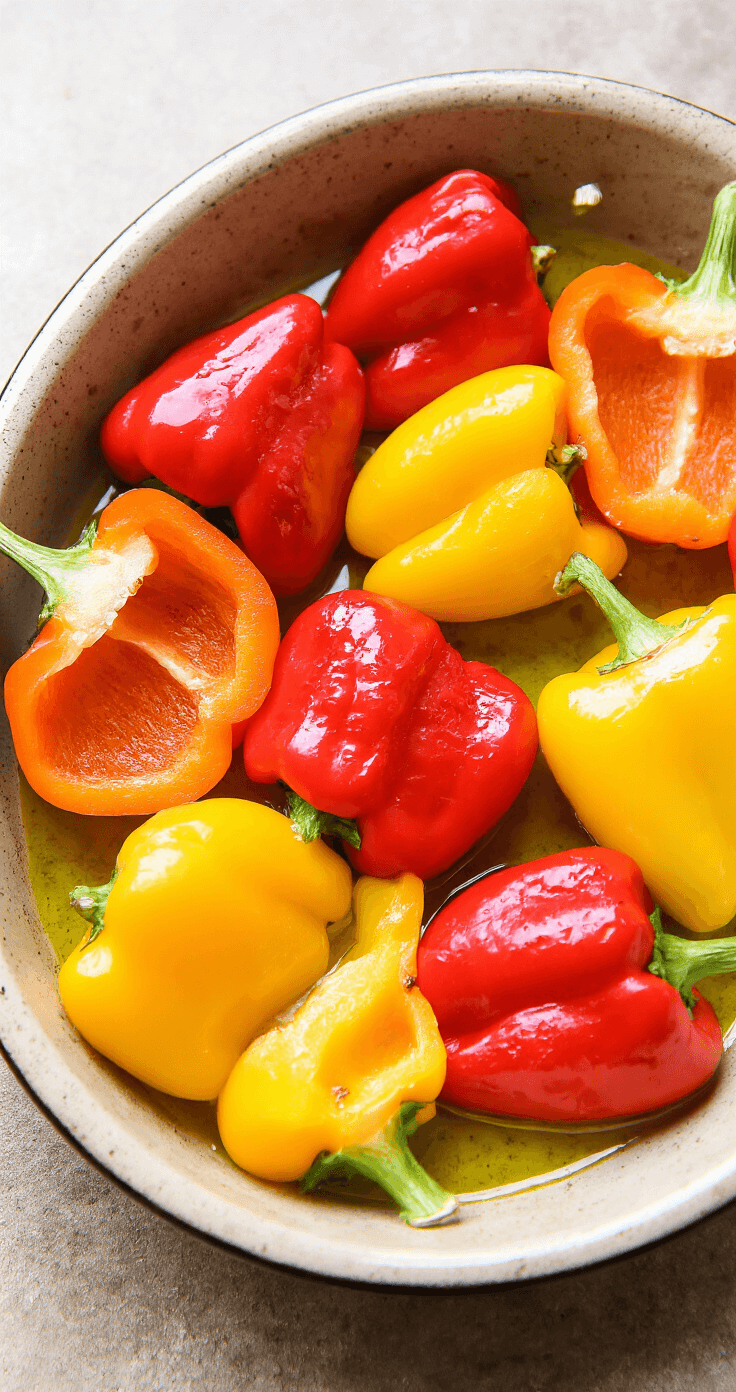 Easy Veggie Stuffed Bell Peppers: A Flavor-Packed Vegetarian Delight Close-up of halved, vibrant red, yellow, and orange bell peppers in a rustic ceramic baking dish, glistening with olive oil under warm kitchen lighting.