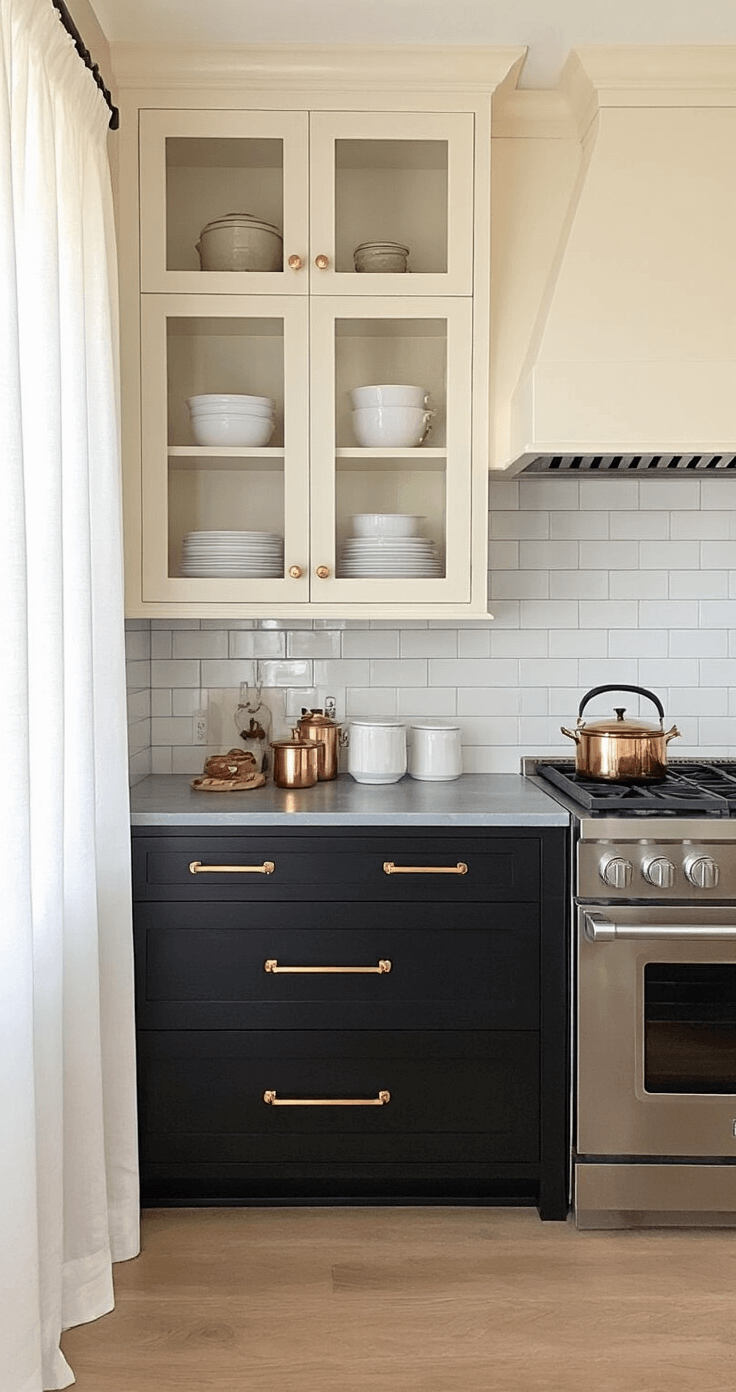 Black Kitchen Cabinets: A Bold and Sophisticated Design Choice Intimate transitional kitchen with black lower cabinets and cream upper cabinets, featuring brushed gold hardware and gray soapstone countertops. Warm golden hour light filters through sheer curtains, highlighting the subway tile backsplash and curated white dinnerware on open shelving, while copper cookware adds metallic accents.