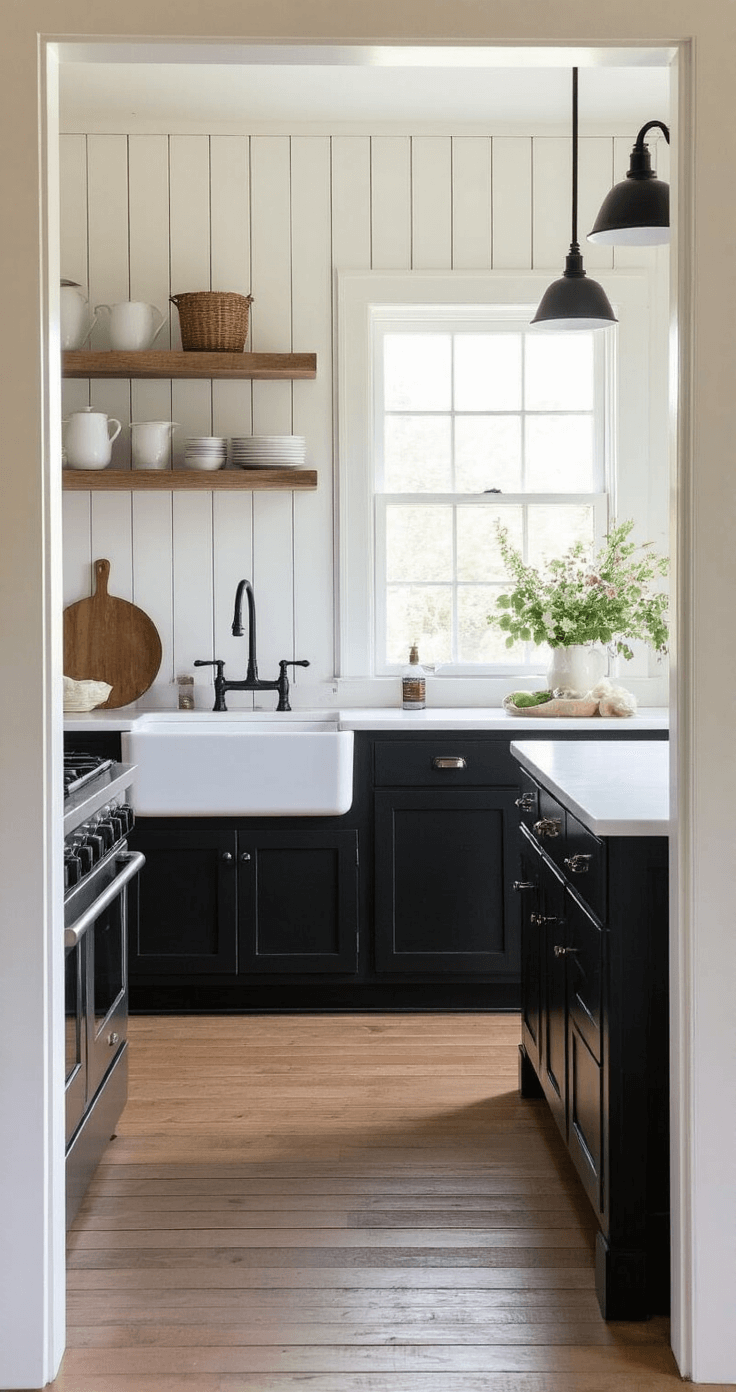 Black Kitchen Cabinets: A Bold and Sophisticated Design Choice Cozy farmhouse kitchen with black shaker cabinets and white fireclay sink, illuminated by soft morning light, featuring white marble countertops, black iron hardware, vertical shiplap walls, and vintage accessories with fresh flowers.