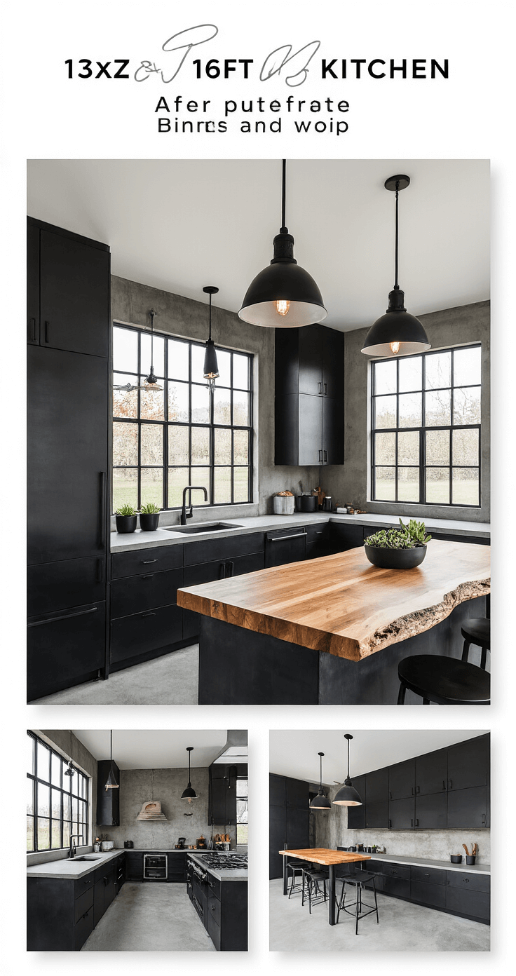 Black Kitchen Cabinets: A Bold and Sophisticated Design Choice A modern industrial kitchen featuring black metal-front cabinets, concrete countertops, and a live-edge wood island, illuminated by afternoon sun through steel-framed windows. The space has polished concrete floors, black steel pendant lights with exposed bulbs, and is adorned with minimalist black accessories and potted succulents, captured from a corner angle to highlight its textures and materials.