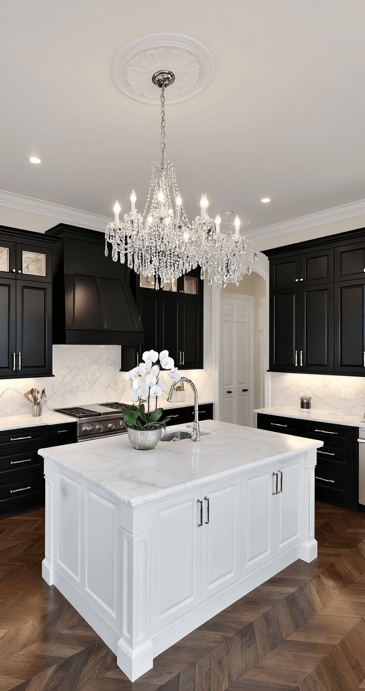 Black Kitchen Cabinets: A Bold and Sophisticated Design Choice Elegant traditional kitchen featuring black raised-panel cabinets, white marble counters, and a matching island, illuminated by a crystal chandelier. The low-angle shot showcases the high ceiling, polished nickel fixtures, and dark walnut herringbone hardwood floors, complemented by silver serving pieces and white orchids.