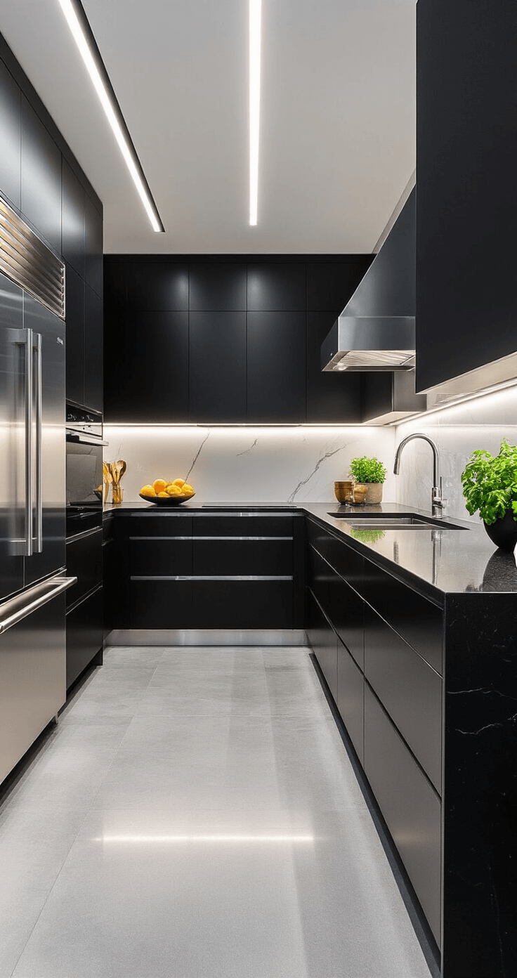 Black Kitchen Cabinets: A Bold and Sophisticated Design Choice Contemporary chef's kitchen featuring sleek black handleless cabinets, stainless steel appliances, black granite counters, and a glass backsplash with metallic sheen, illuminated by dramatic LED lighting, with large gray porcelain floor tiles and minimal styling.