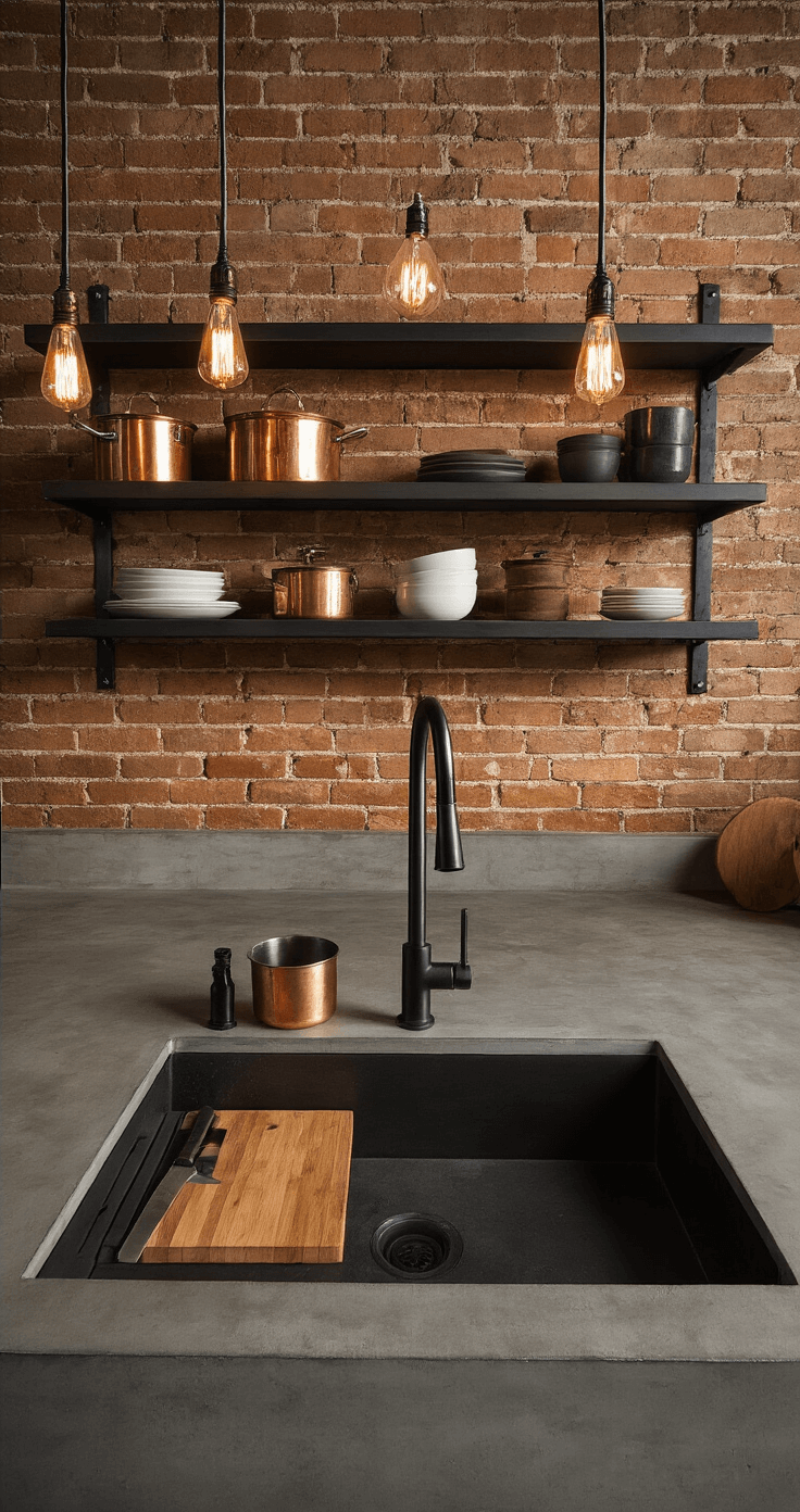 Black Kitchen Sinks: The Bold Statement Your Kitchen Needs An industrial-style kitchen showcasing an exposed brick wall with concrete countertops and a black stainless steel workstation sink featuring a cutting board insert. The space is illuminated by warm pendant lights with Edison bulbs during the golden hour, highlighting the gunmetal finish of the sink. Overhead shot captures copper cookware and dark wood cutting boards, evoking an urban sophisticated and warmly masculine atmosphere.