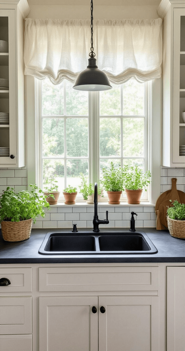 Black Kitchen Sinks: The Bold Statement Your Kitchen Needs A warm and inviting modern farmhouse kitchen featuring a double-bowl black composite sink beneath a large window with diffused morning light, surrounded by white shaker cabinets, soapstone countertops, and a subway tile backsplash, accented with a vintage-style matte black faucet, woven baskets, and terracotta pots containing fresh herbs, captured in a wide-angle shot from a corner perspective.