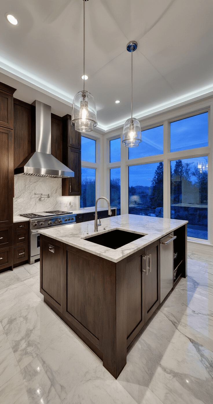 Black Kitchen Sinks: The Bold Statement Your Kitchen Needs A contemporary luxury kitchen featuring a black undermount sink in a waterfall island, veined marble countertops, and dark walnut cabinetry, illuminated by twilight blue hour light through panoramic windows and polished chrome fixtures, with reflections captured in the marble and sparkles from glass pendant lights, creating an elegant and dramatic ambiance.
