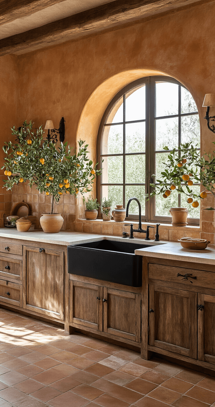 Black Kitchen Sinks: The Bold Statement Your Kitchen Needs A rustic elegant Mediterranean-inspired kitchen featuring a black farmhouse sink against a terracotta tile wall, illuminated by mid-morning light through arched windows. The cream limestone counters, olive wood accents, and wrought iron details enhance the warm and inviting atmosphere, complemented by potted citrus trees, ceramic vessels, and copper cookware. The camera captures the scene from a waist height at a slight upward angle, emphasizing the prominence of the sink, with natural light and decorative sconces providing additional illumination.