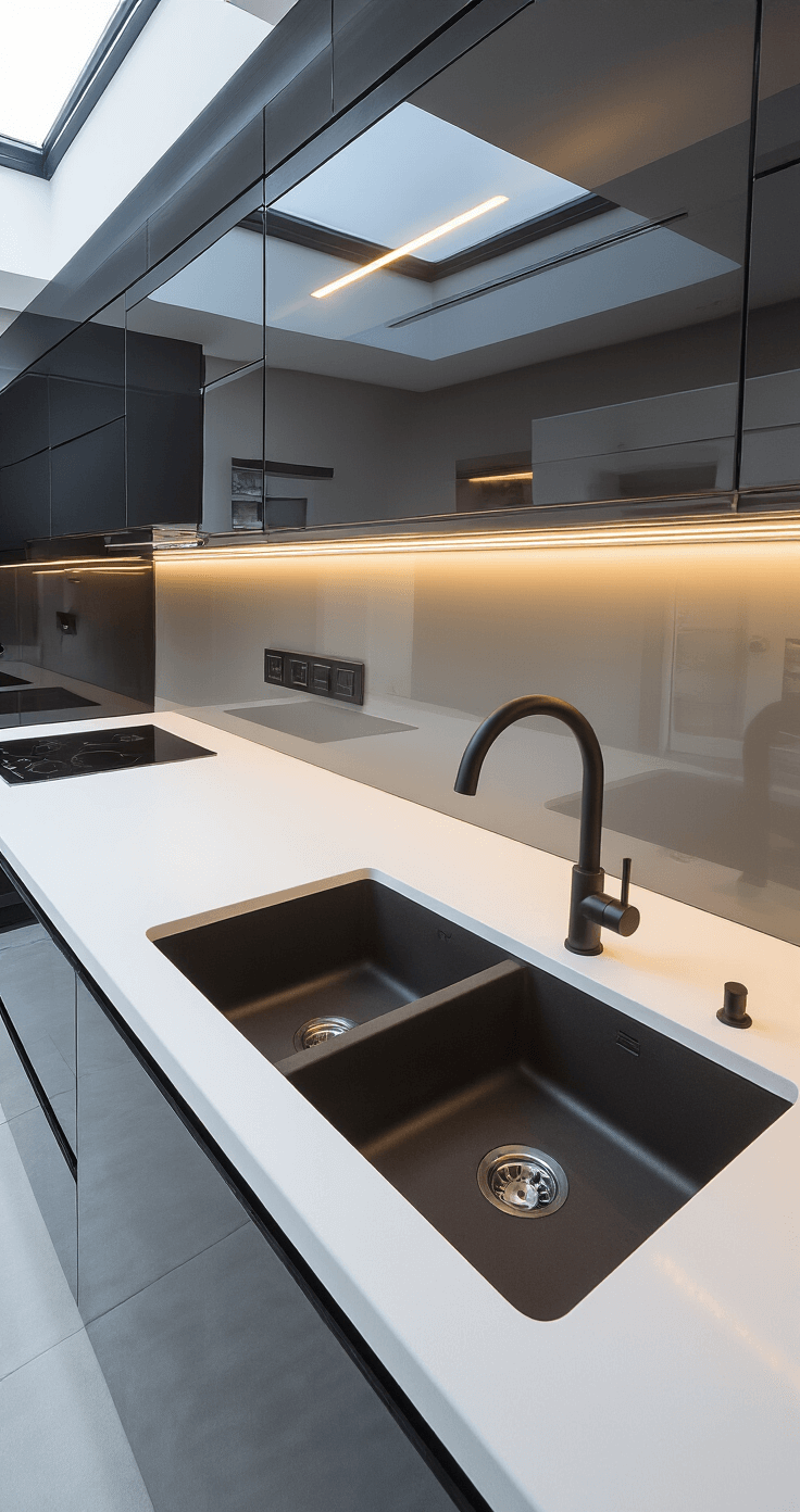 Black Kitchen Sinks: The Bold Statement Your Kitchen Needs A sleek ultra-modern kitchen featuring a matte black workstation sink in a white Corian island, high-gloss anthracite handle-less cabinets, a smoked glass backsplash, and illuminated by natural light from skylights and integrated LED strips, highlighting the clean lines and pristine design.
