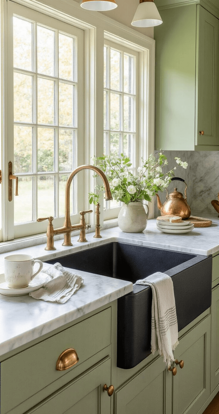 Black Kitchen Sinks: The Bold Statement Your Kitchen Needs A transitional kitchen featuring sage green cabinets and brass hardware, with a black granite composite sink in a quartzite countertop. Golden hour lighting streams through French doors, illuminating a marble backsplash. The scene is enhanced by fresh flowers, vintage copper kettles, and linen tea towels, viewed from a three-quarter angle in a warm, inviting atmosphere.