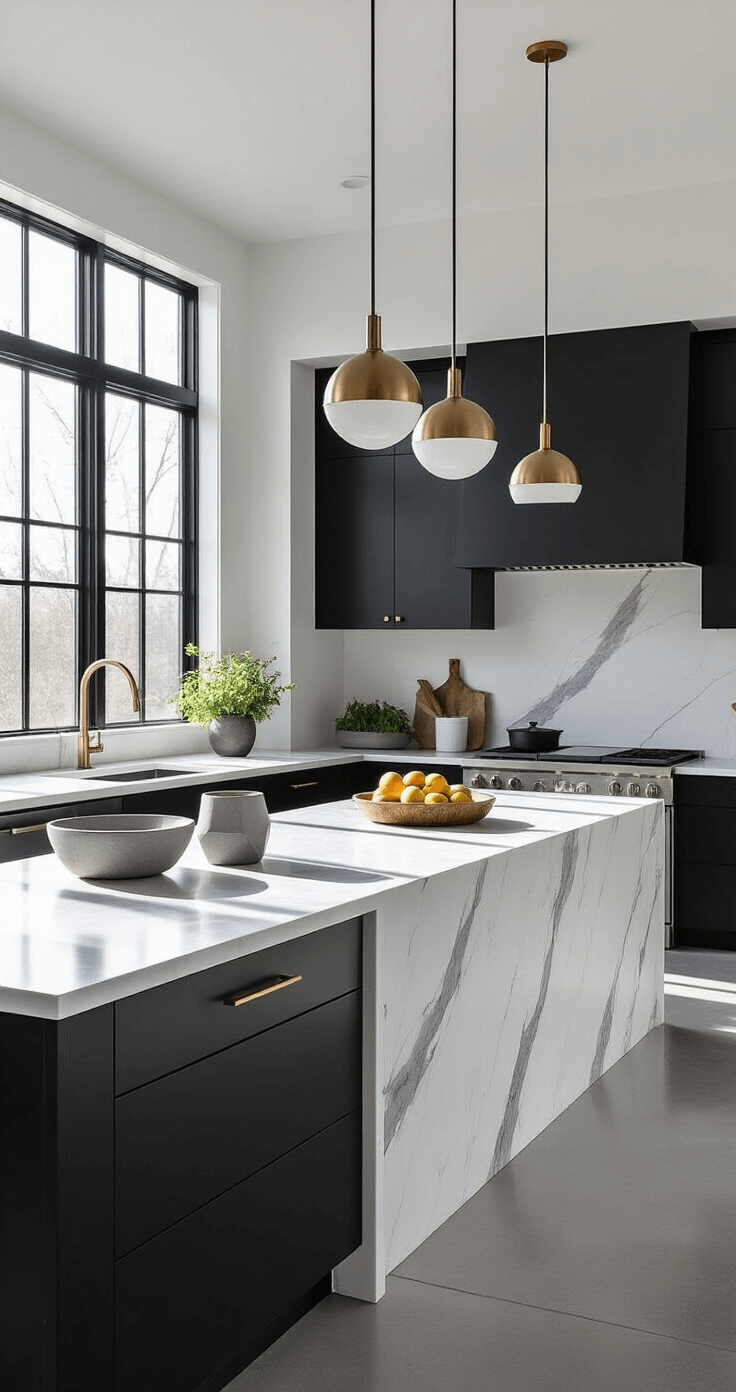 Black and White Kitchens: A Timeless Design Canvas That Never Goes Out of Style A modern minimalist black and white kitchen featuring polished concrete floors, high ceilings, industrial-style windows, matte black lower cabinets, glossy white upper cabinets, and a waterfall marble island, illuminated by morning light with geometric decor and styled herbs.