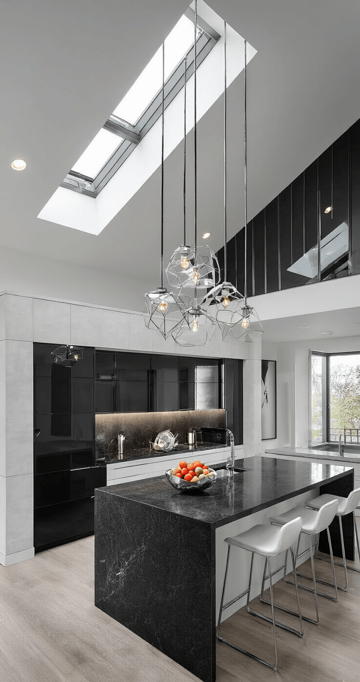 Black and White Kitchens: A Timeless Design Canvas That Never Goes Out of Style A contemporary black and white kitchen viewed from the dining area, showcasing a 15-foot vaulted ceiling with a skylight. The high-gloss black cabinets contrast with textured white wall panels, while an oversized island features honed black granite with waterfall edges. A striking chrome and glass pendant cluster hangs above, enhanced by moody side-lighting. The space includes an architectural fruit bowl, a sleek coffee station, and geometric art pieces for added style.