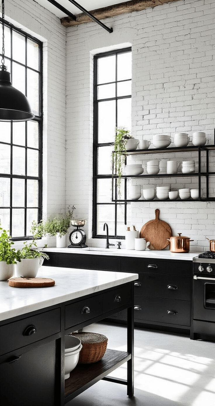 Black and White Kitchens: A Timeless Design Canvas That Never Goes Out of Style Industrial-chic black and white kitchen featuring exposed white-painted brick walls, black steel-framed windows, and geometric morning light shadows on white concrete floors. Black metal open shelving displays white ceramics and copper cookware, while a centre island with a black steel frame and white marble top is adorned with vintage scales, an artisanal bread board, and trailing plants.