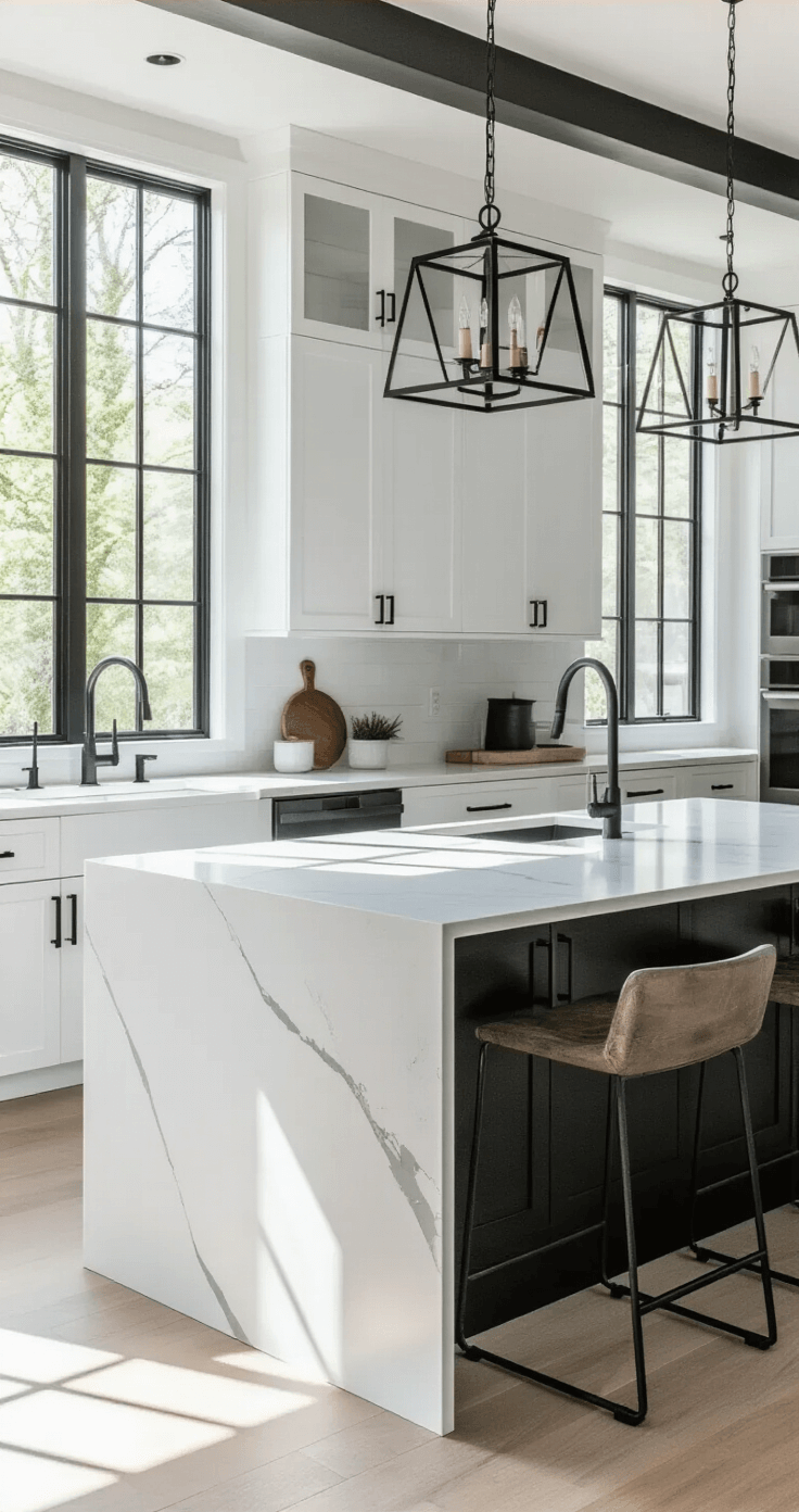 Black Kitchen Handles: The Ultimate Style Upgrade for Your Culinary Space A spacious modern monochrome kitchen featuring white shaker cabinets with matte black bar pulls, a waterfall quartz island in crisp white, and black stainless appliances, illuminated by natural light from floor-to-ceiling windows and complemented by geometric blackened brass pendant lights.