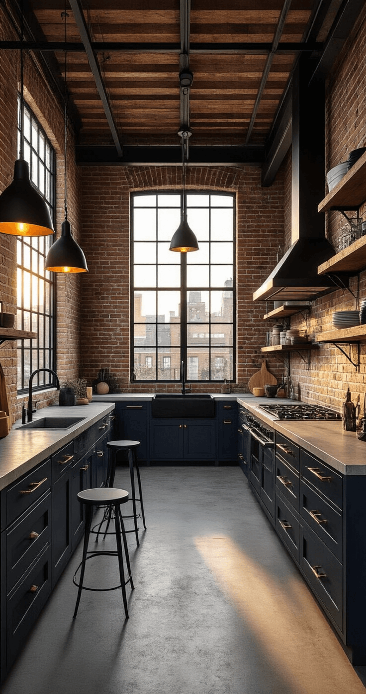 Black Kitchen Handles: The Ultimate Style Upgrade for Your Culinary Space A double-height industrial chic kitchen featuring exposed brick walls and steel beams, illuminated by golden hour sunlight streaming through factory-style windows. Dark navy cabinets with black flat bar handles, concrete countertops, and a black farmhouse sink create a sophisticated urban atmosphere. Vintage black metal stools and textured pendant lights complement the design, capturing a warm, inviting space from an elevated angle.