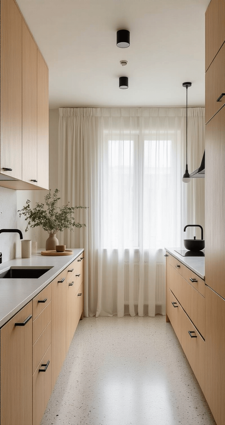 Black Kitchen Handles: The Ultimate Style Upgrade for Your Culinary Space Minimalist Scandinavian kitchen featuring blonde wood cabinets with black finger-pull edges, white walls, and pale terrazzo flooring, illuminated by morning light through sheer curtains, with black accent pieces and a focus on clean lines and serene luxury.