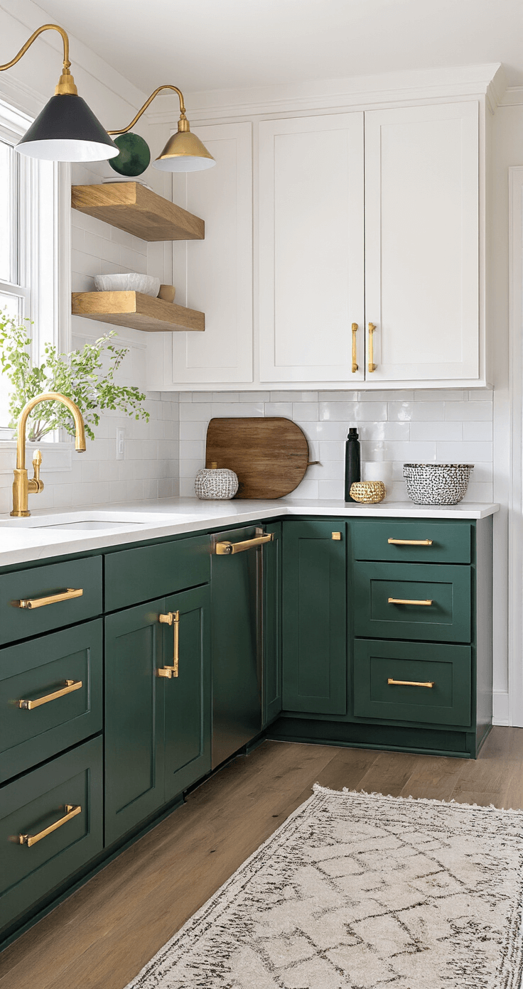 Black Kitchen Handles: The Ultimate Style Upgrade for Your Culinary Space L-shaped contemporary kitchen featuring two-tone cabinets in deep green and warm white, adorned with mixed black geometric knobs and long pulls. Brass lighting and faucet accents enhance the eclectic yet cohesive design, illuminated by afternoon light with warm artificial fill.