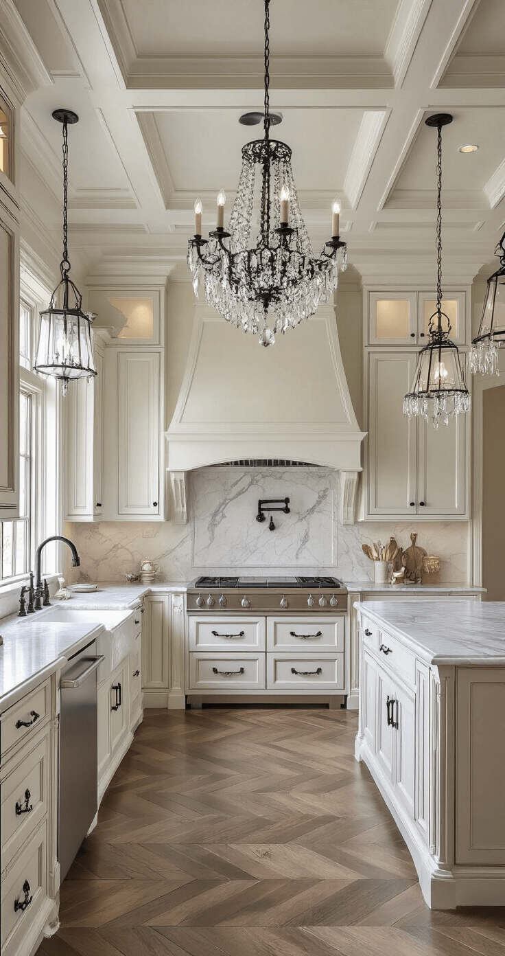 Black Kitchen Handles: The Ultimate Style Upgrade for Your Culinary Space Luxe traditional kitchen featuring coffered ceilings, antique white cabinetry with textured black handles, marble countertops, and herringbone wood floors, illuminated by black iron pendant lights and a crystal chandelier, all bathed in soft afternoon light.