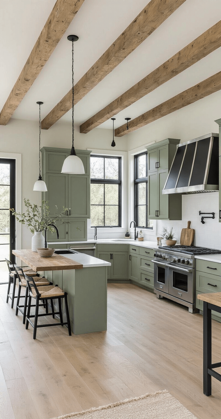Black Kitchen Handles: The Ultimate Style Upgrade for Your Culinary Space Open-concept kitchen with sage green cabinets and black hardware, featuring white oak ceiling beams and black steel-framed windows, rustic wood island, and matte black appliances, captured from the family room to highlight the cozy sophistication and natural light of the space.