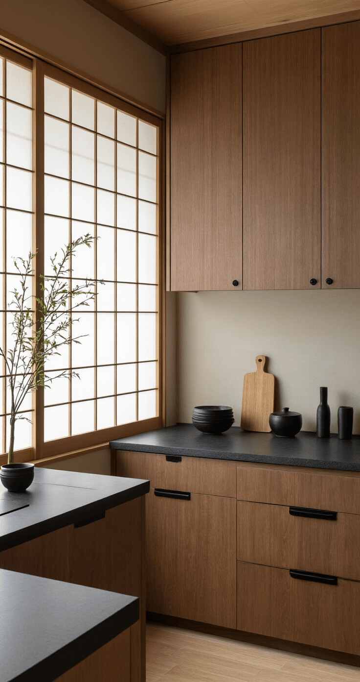 Black Kitchen Handles: The Ultimate Style Upgrade for Your Culinary Space A serene Japanese-inspired zen kitchen featuring custom walnut cabinets with minimal black edge pulls, a shoji screen window diffusing morning light, black stone countertops with integrated handles, bamboo accents, and black ceramic accessories, captured from a low angle to highlight horizontal lines in a soft, ethereal light.