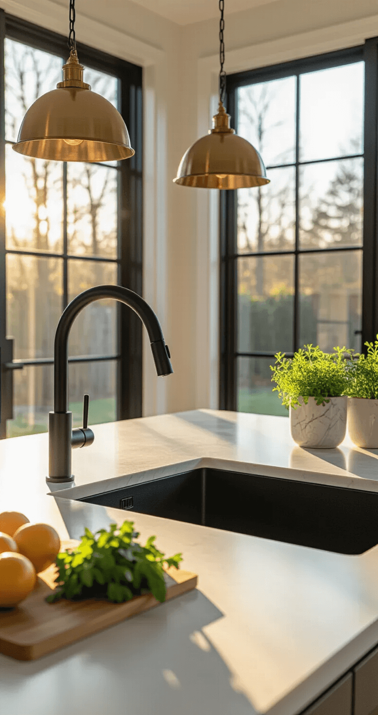 Black Kitchen Faucets: The Ultimate Modern Design Statement That Transforms Your Culinary Space A modern kitchen featuring a matte black pull-down faucet on a white quartz waterfall island, illuminated by warm golden hour sunlight through floor-to-ceiling windows, with brushed brass pendant lights and minimal decor including a marble fruit bowl and ceramic planters.