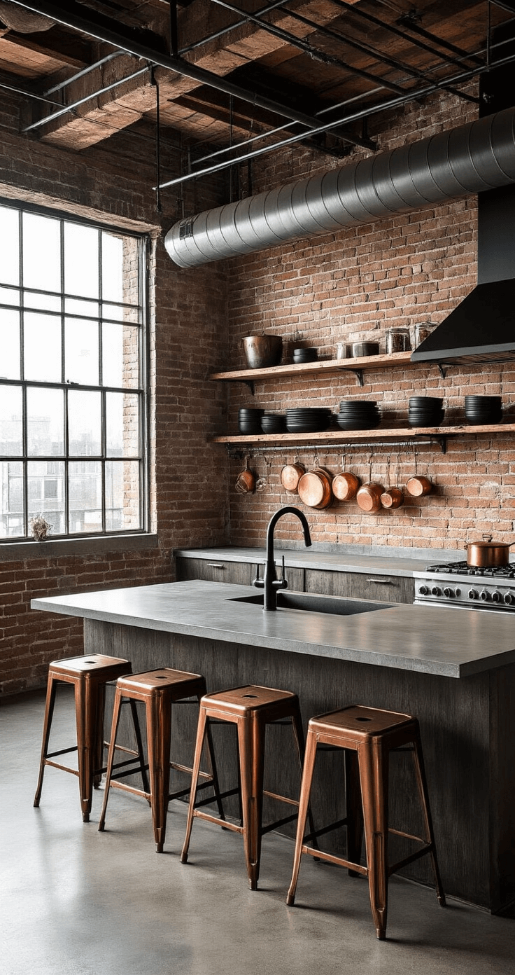 Black Kitchen Faucets: The Ultimate Modern Design Statement That Transforms Your Culinary Space An industrial-style loft kitchen featuring exposed brick walls, metal ductwork, polished concrete countertops, and a black touchless faucet, with early morning light creating dramatic shadows. Copper cookware hangs overhead, vintage metal stools line the island, and raw wood open shelving displays matte black dishware, all under 14ft ceilings.
