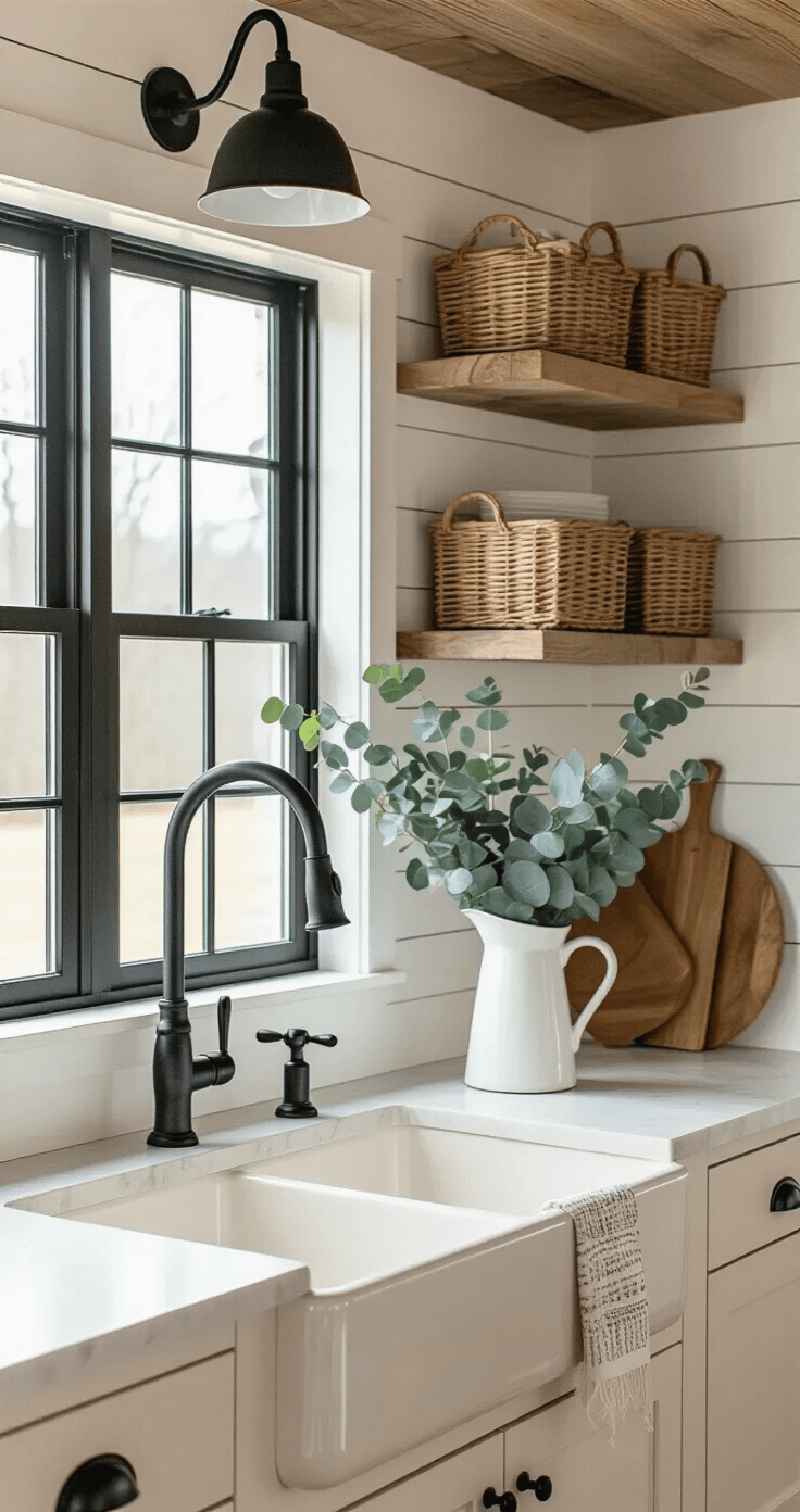 Black Kitchen Faucets: The Ultimate Modern Design Statement That Transforms Your Culinary Space A cozy modern farmhouse kitchen with a shiplap ceiling, featuring a black gooseneck faucet, cream ceramic sink, and vintage wooden breadboard. Fresh eucalyptus in a white pitcher is displayed, with woven baskets above cabinets. The scene is illuminated by warm late afternoon light.