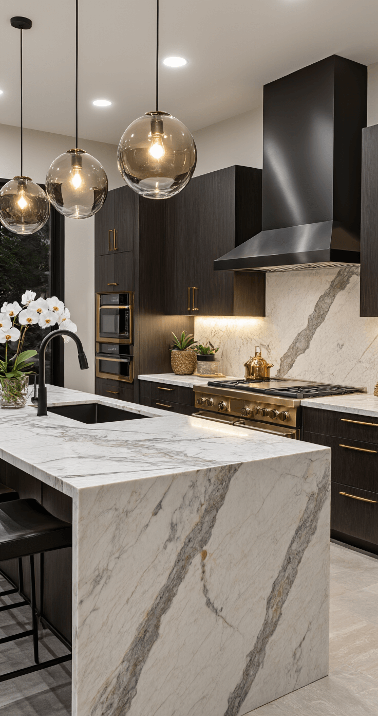 Black Kitchen Faucets: The Ultimate Modern Design Statement That Transforms Your Culinary Space A luxurious modern kitchen featuring a marble waterfall island, evening ambient lighting, a sculptural black faucet, smoky glass pendants, and dark oak cabinetry, styled with black and gold accents and orchids, captured in a low angle shot to emphasize vertical lines.