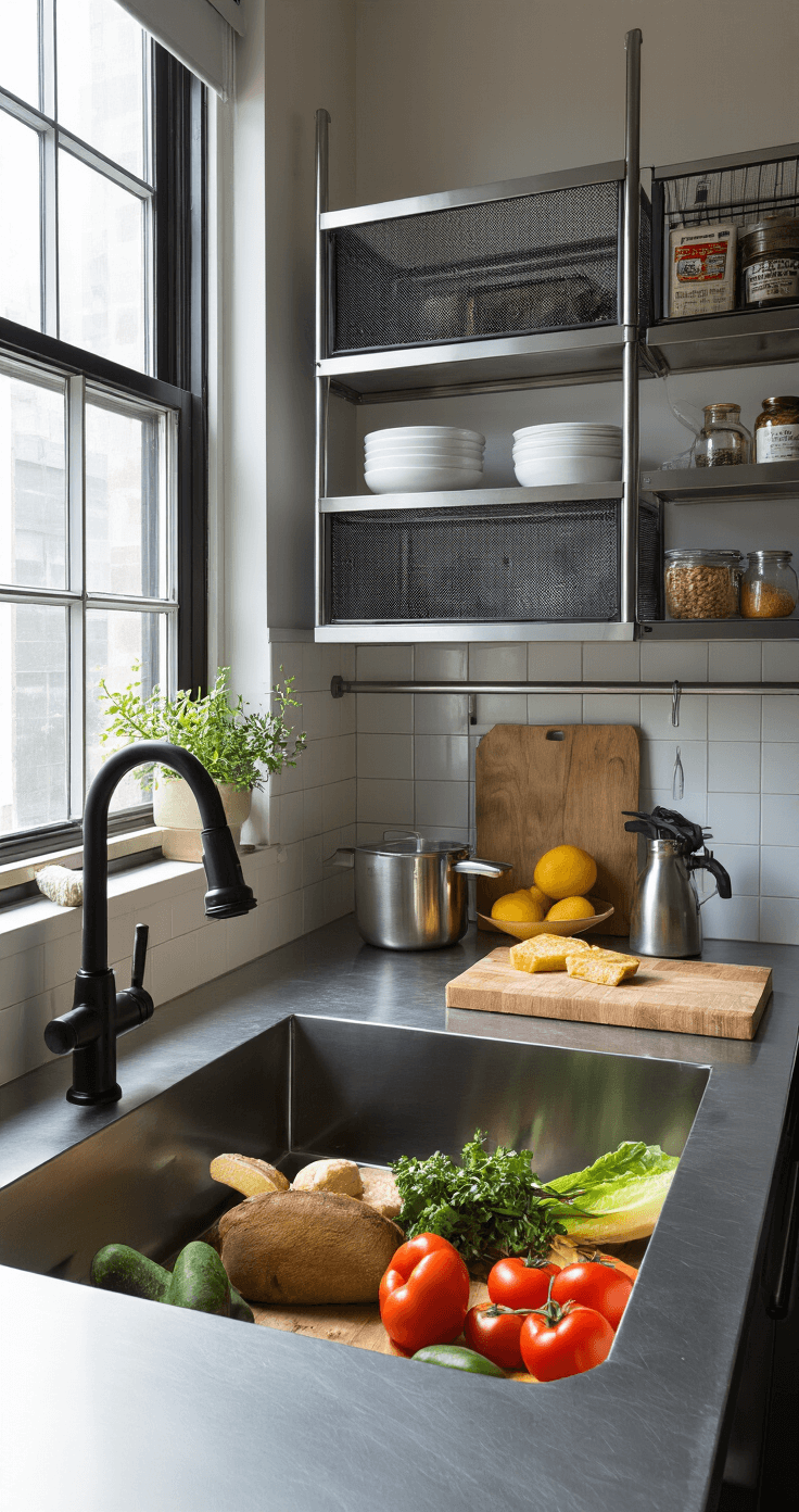 Black Kitchen Faucets: The Ultimate Modern Design Statement That Transforms Your Culinary Space A compact urban kitchen measuring 10x12ft features maximized vertical storage with metal mesh cabinet inserts and floating steel shelves. Mid-morning light streams through city windows illuminating stainless steel counters and a commercial-style black faucet with a professional sprayer. The scene showcases a quarter-view capturing the workflow triangle, styled with professional cookware and fresh market produce, under a mix of natural and task lighting.