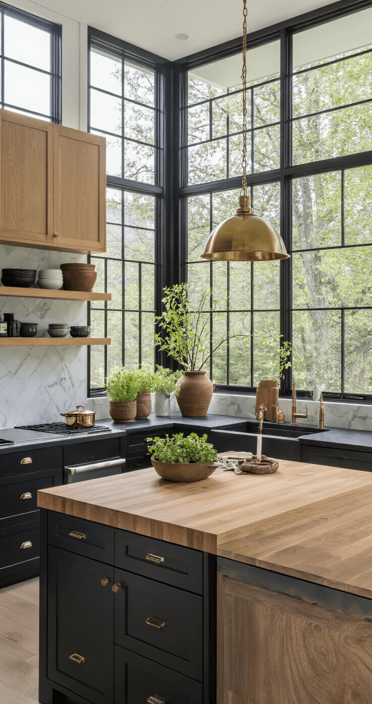 Black and Wood Kitchen: A Stunning Modern Design Guide A spacious modern kitchen featuring a blend of matte black lower cabinets and natural oak upper cabinets, illuminated by morning light from floor-to-ceiling windows. The centerpiece island showcases a black quartz waterfall edge along with a thick butcher block top, complemented by warm brass pendant lights. The scene includes artisanal ceramics, copper cookware, and fresh herbs in earthen pots, with a color palette of midnight black, honey oak, warm brass, and white marble backsplash accents.