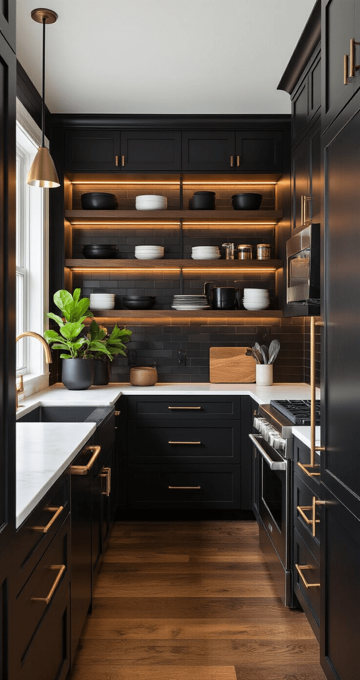 Black and Wood Kitchen: A Stunning Modern Design Guide Intimate galley kitchen featuring a walnut pantry wall, sleek black cabinets, and illuminated floating wood shelves, accented by minimalist decor and a potted fiddle leaf fig, all captured at golden hour.