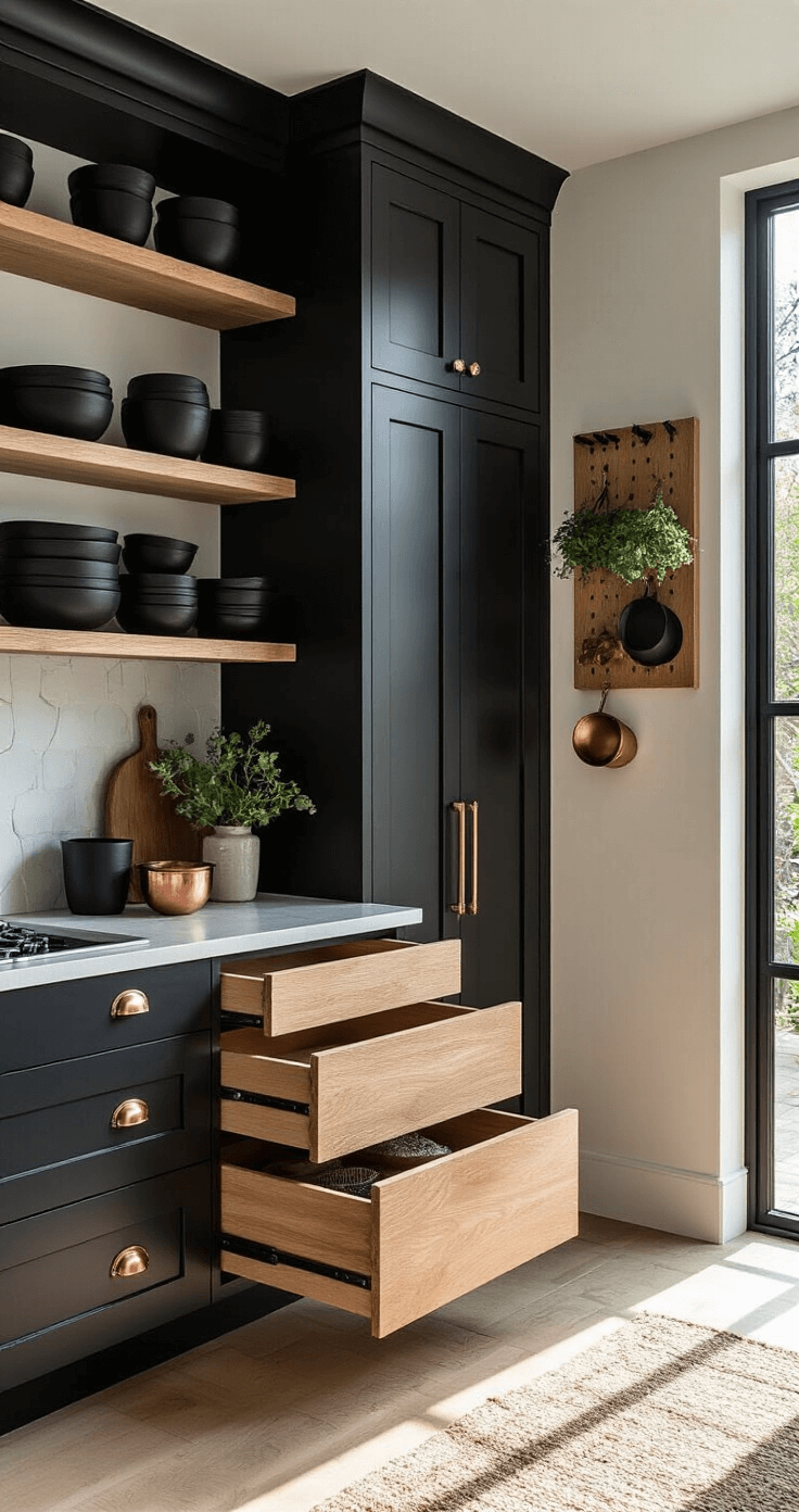 Black and Wood Kitchen: A Stunning Modern Design Guide A sun-drenched kitchen corner with a black pantry unit and wooden pull-out drawers, showcasing black ceramics and copper accessories on natural oak open shelves, emphasized by dramatic shadows from mid-morning light through steel-framed windows.