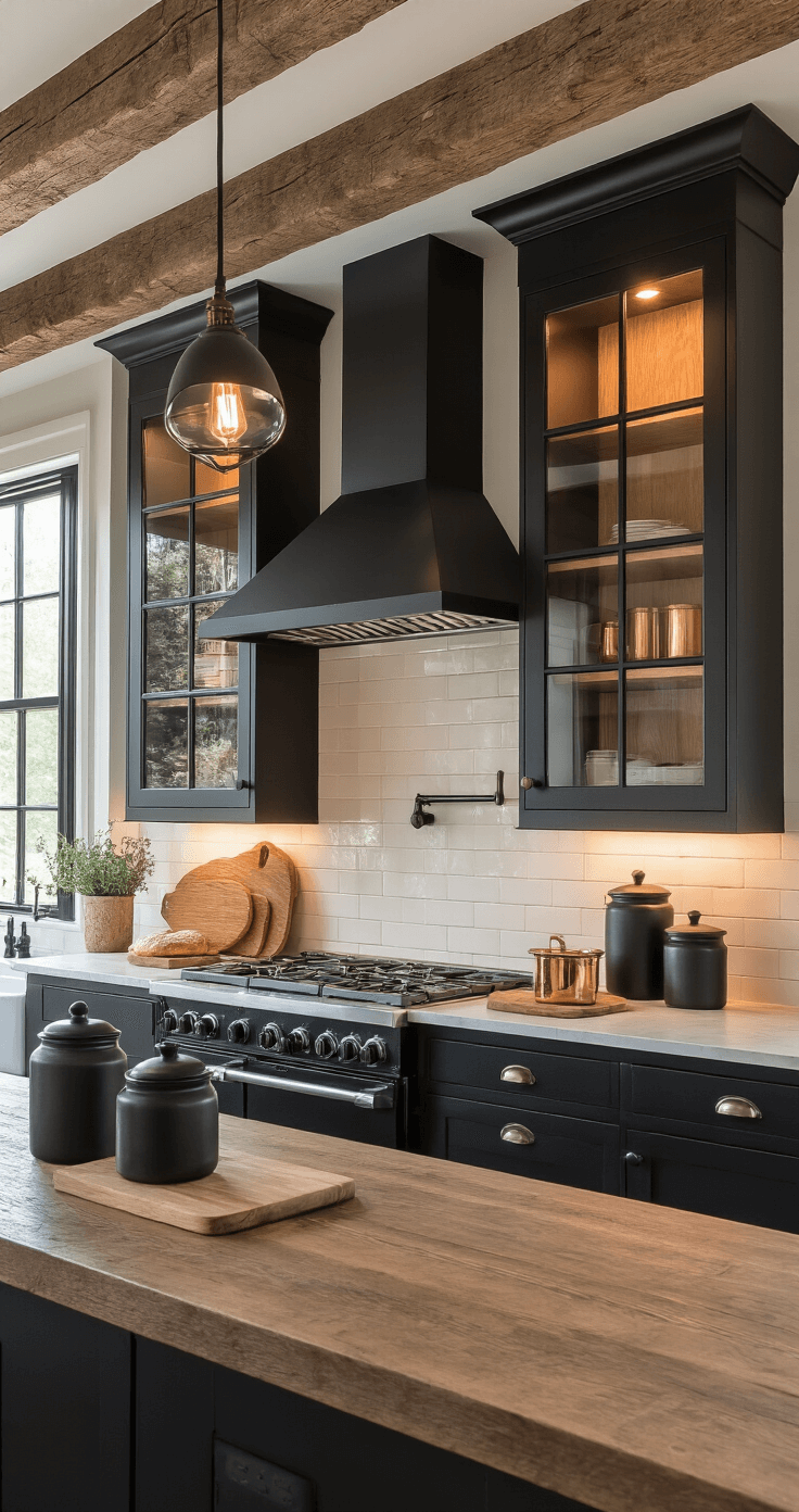 Black and Wood Kitchen: A Stunning Modern Design Guide A cozy 11x13ft kitchen at dusk, featuring black-framed glass cabinet doors with warm wood lighting, rustic oak ceiling beams, and a modern matte black range hood, captured from the dining area. The scene includes atmospheric lighting from vintage filament bulbs in black sconces, wooden bread board collection, black ceramic canisters, and copper pots, with a color palette of jet black, aged oak, antique copper, and cream.