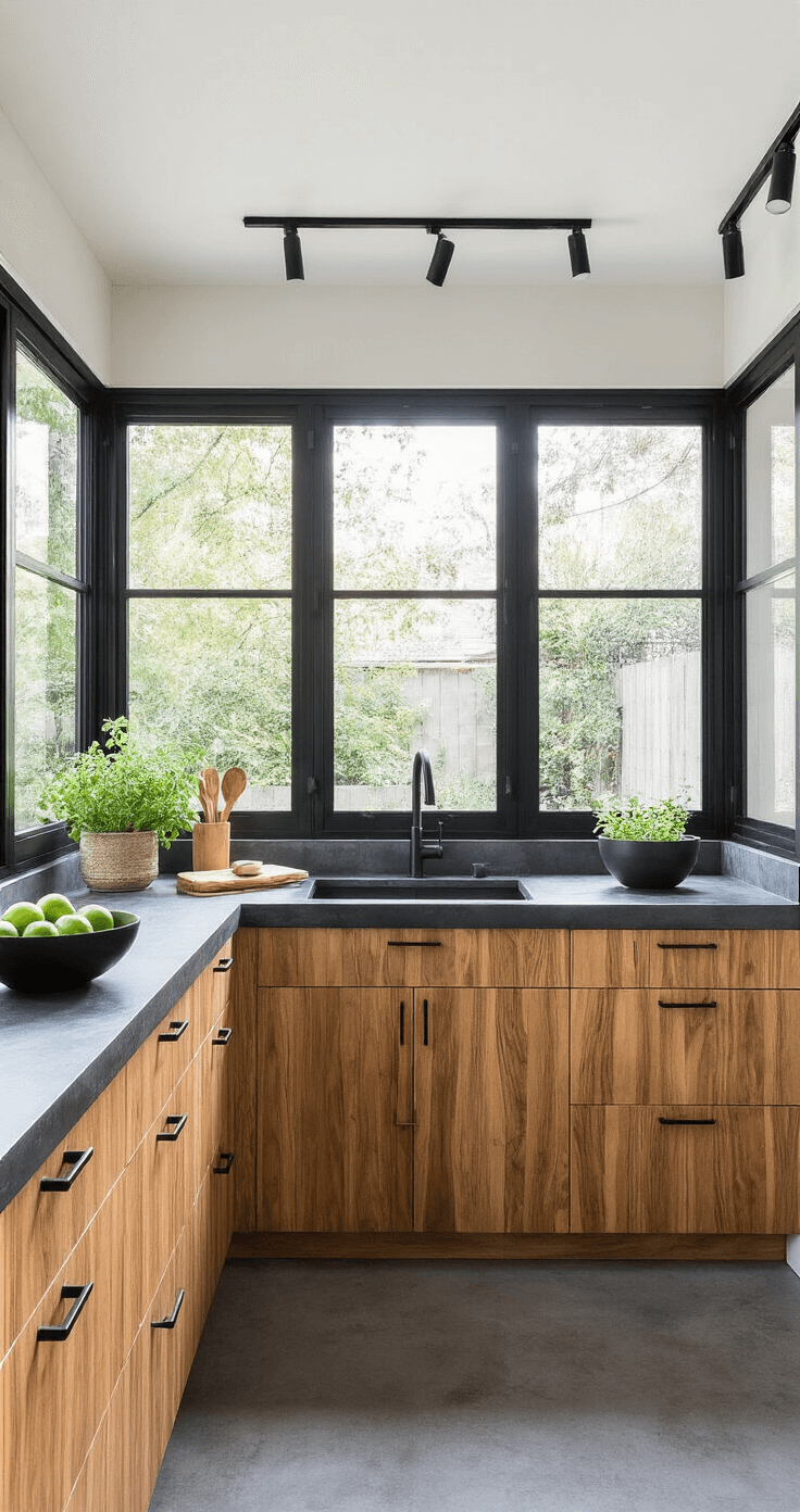 Black and Wood Kitchen: A Stunning Modern Design Guide Modern kitchen studio featuring zebra wood cabinets and black concrete countertops, with black steel accordion windows opening to a garden. The space exhibits clean lines and symmetry, illuminated by diffused natural light and track lighting. Minimalist styling includes a black fruit bowl, wooden utensils, and potted herbs, with rich zebra wood, concrete black, and forest green accents.