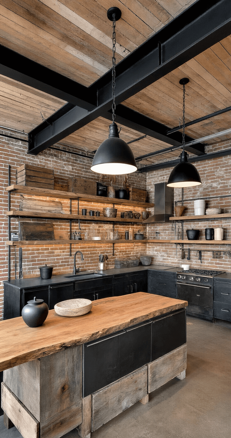 Black and Wood Kitchen: A Stunning Modern Design Guide Industrial-chic loft kitchen featuring blackened steel framework, reclaimed wood shelving, and a massive black soapstone island with a live-edge wood slab, bathed in evening light and styled with vintage wooden crates and matte black pottery.