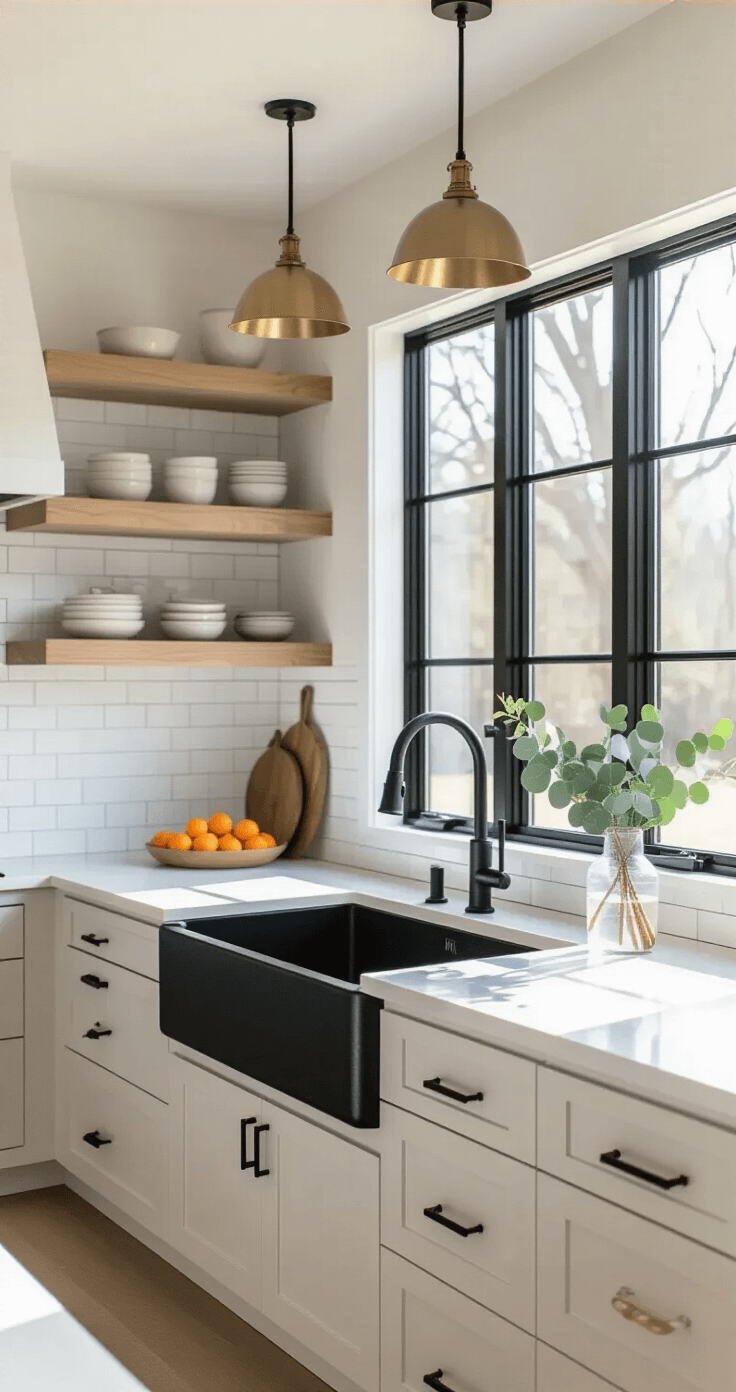 Black Sink Kitchen: The Ultimate Styling Guide for Stunning Visual Decor A modern minimalist kitchen featuring a spacious layout with a matte black farmhouse sink on white quartz countertops, bright white subway tile backsplash, and blonde oak floating shelves adorned with cream and charcoal ceramics. Brass pendant lights illuminate the space, complemented by strategic decor of a cutting board, eucalyptus in a vase, and citrus fruits, all captured in soft natural light.