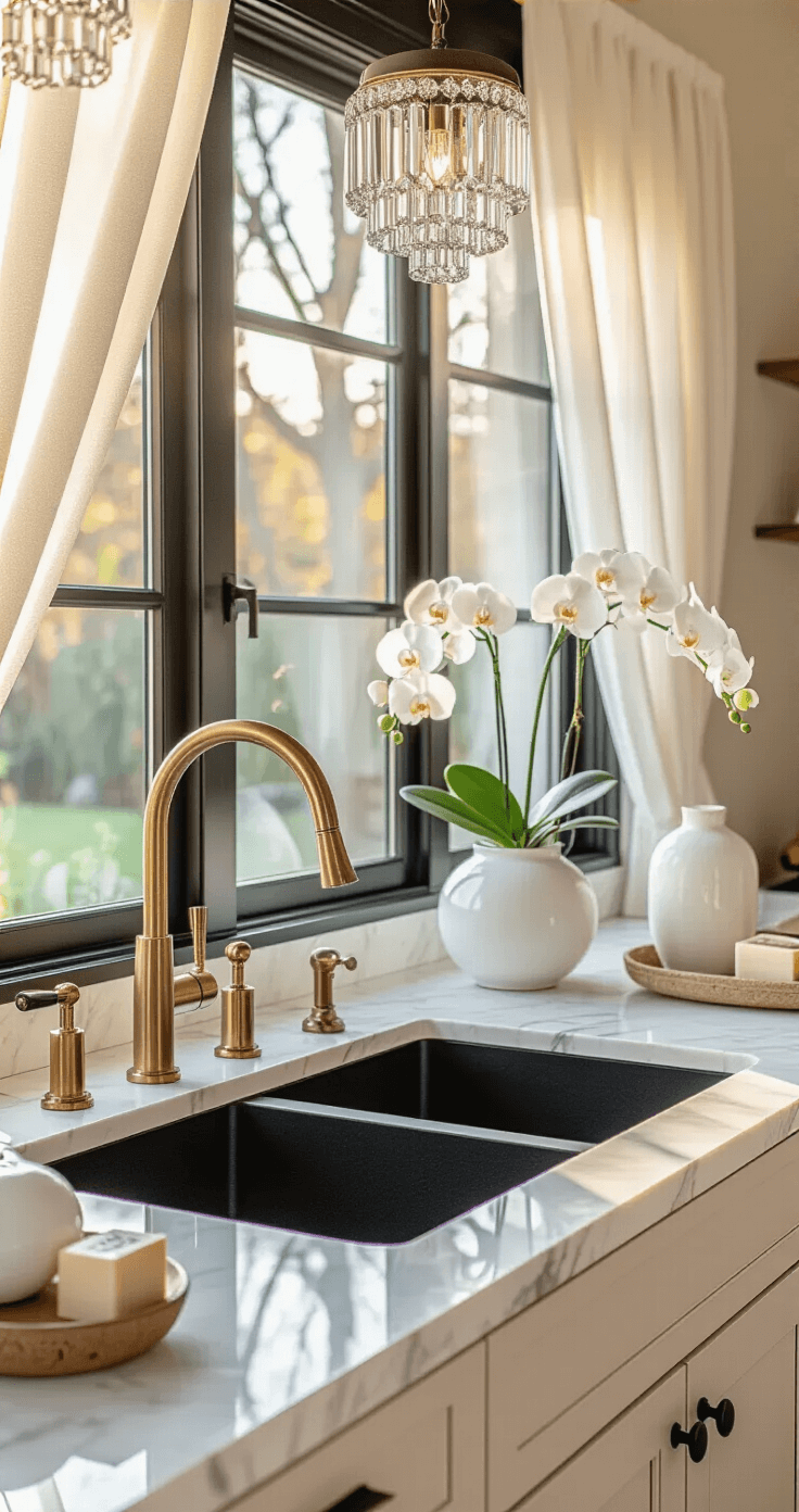 Black Sink Kitchen: The Ultimate Styling Guide for Stunning Visual Decor A contemporary luxe kitchen featuring a black granite sink against marbled white countertops, illuminated by golden hour light through sheer curtains. The island showcases mixed metallic fixtures, with brushed gold and matte black hardware, styled with white ceramic vases and fresh orchids, under sparkling crystal pendant lights.