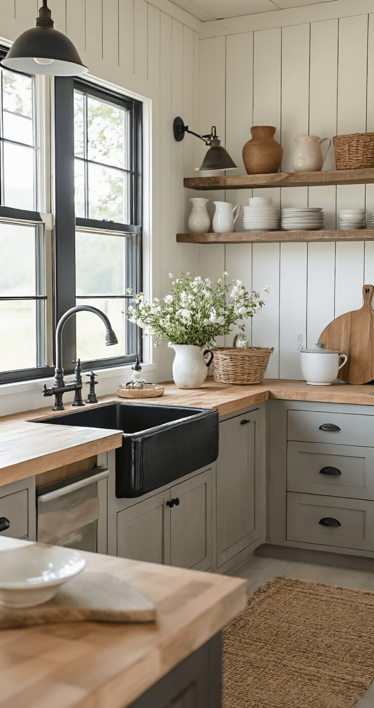 Black Sink Kitchen: The Ultimate Styling Guide for Stunning Visual Decor A modern country kitchen with black fireclay sink, butcher block island, warm white shiplap walls, black steel windows, and vintage pottery on open shelves, illuminated by early morning light and warm LED panels.
