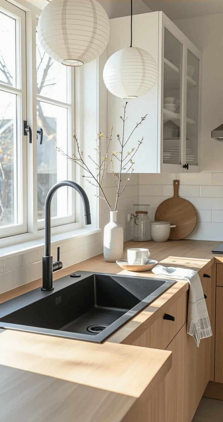 Black Sink Kitchen: The Ultimate Styling Guide for Stunning Visual Decor Minimal Scandinavian kitchen featuring light oak countertops and white oak cabinets with black hardware, illuminated by midday sun; sleek black sink, minimal decor, and soft pendant lighting create a clean aesthetic.