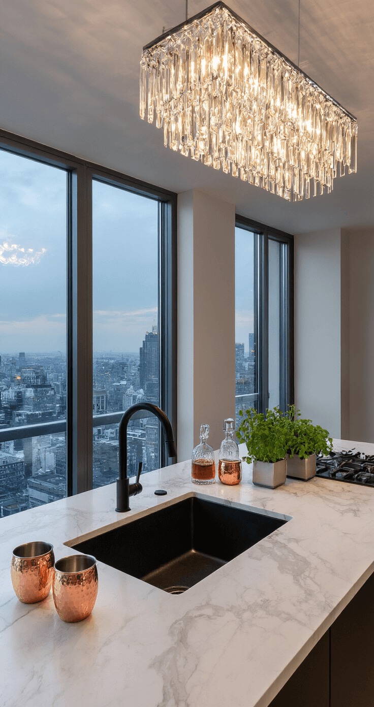 Black Sink Kitchen: The Ultimate Styling Guide for Stunning Visual Decor A modern penthouse kitchen at dusk featuring a black composite sink and white marble waterfall island, with city views through floor-to-ceiling windows, crystal decanters, copper mugs, fresh herbs, and a sparkling chandelier, all captured in a moody atmosphere.