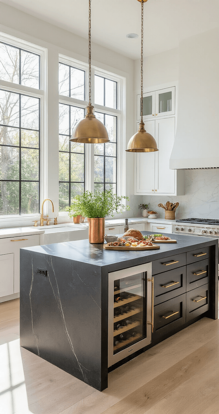 Black Kitchen Island: The Ultimate Statement Piece for Modern Kitchens A modern chef's kitchen illuminated by morning light, featuring a matte black quartz-topped island, white shaker cabinets, brass hardware, and professional-grade stainless appliances, styled with artisanal ceramics, fresh herbs, and a charcuterie board.