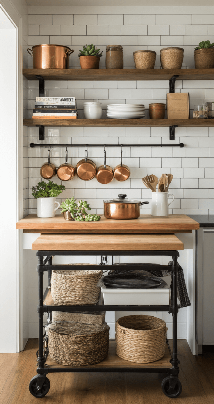 Black Kitchen Island: The Ultimate Statement Piece for Modern Kitchens Intimate galley kitchen with black metal frame island, white subway tiles, and open shelving, styled with copper pots, vintage cookbooks, and succulents, captured during golden hour.