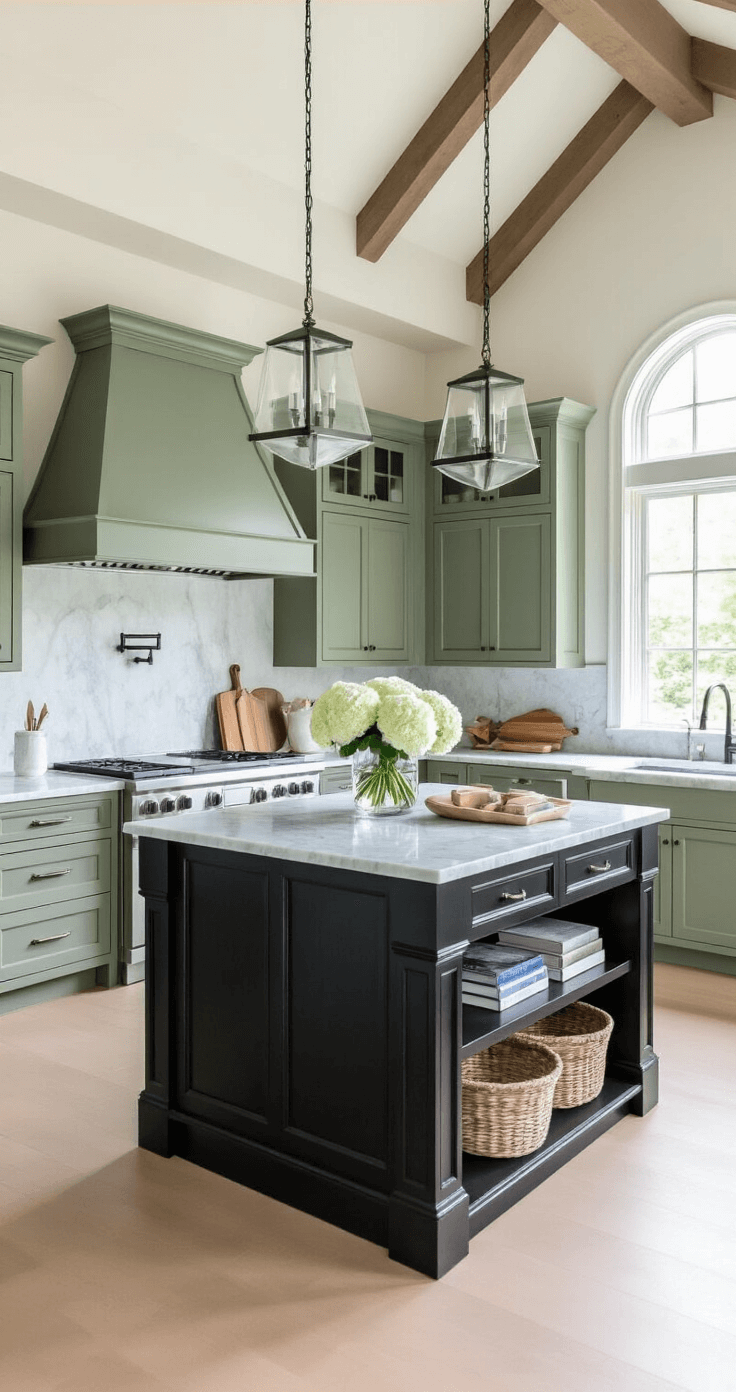 Black Kitchen Island: The Ultimate Statement Piece for Modern Kitchens Transitional kitchen featuring a 48-inch black wood island with a Carrara marble top, sage green perimeter cabinets, and a cathedral ceiling with exposed beams, captured at midday with natural and recessed lighting, styled with white hydrangeas in a crystal vase, cookbooks, and cutting boards.