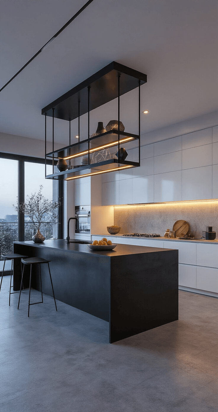 Black Kitchen Island: The Ultimate Statement Piece for Modern Kitchens A contemporary open-concept kitchen at dusk featuring a dramatic 60-inch black steel and glass island with waterfall edges, minimalist white cabinetry, and concrete floors. The space is illuminated by ambient LED lighting and twilight glow, styled with geometric vases and a modern fruit bowl against a cool-toned color palette with metallic accents.