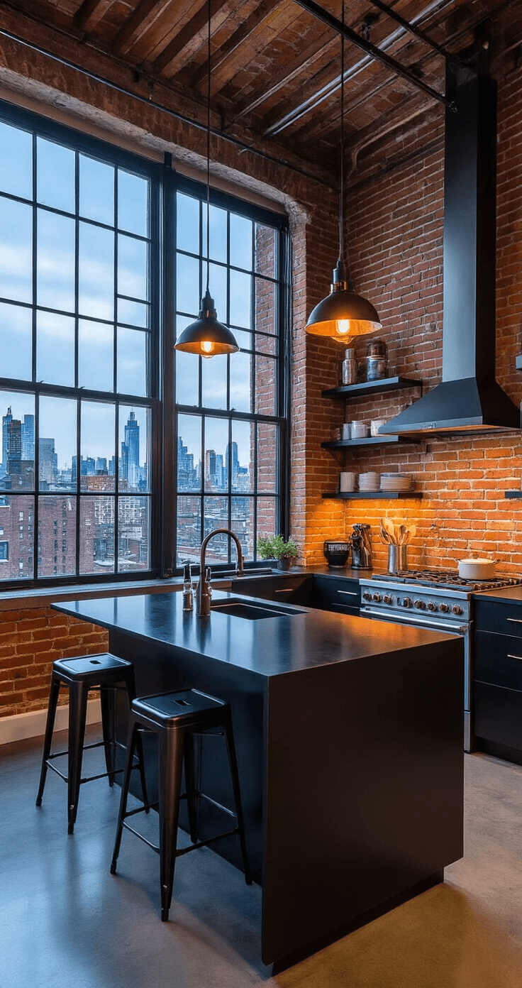 Black Kitchen Island: The Ultimate Statement Piece for Modern Kitchens A high-angle shot of a sleek urban loft kitchen featuring a black steel island with a smoked glass top, exposed brick walls, large industrial windows, and mixed lighting from pendant fixtures and city glow, highlighting modern barware and minimal accessories against a geometric backdrop.